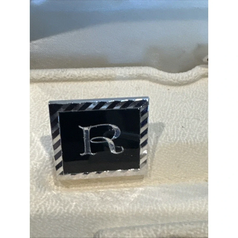 R Monogram Initial Letter Vintage SWANK Cuff Links & Tie Bar Clip Silver‎ Tone